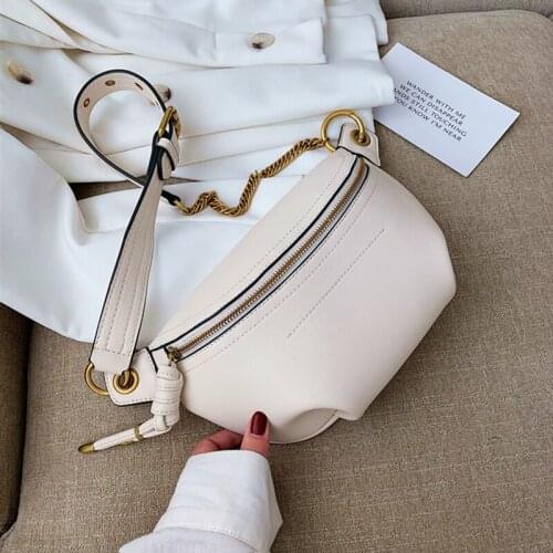Fashion Simple Beige Fanny Pack For Women Solid Color PU Leather Belt Waist Bags Chain Chest Sling Crossbody Bags Summer 2021