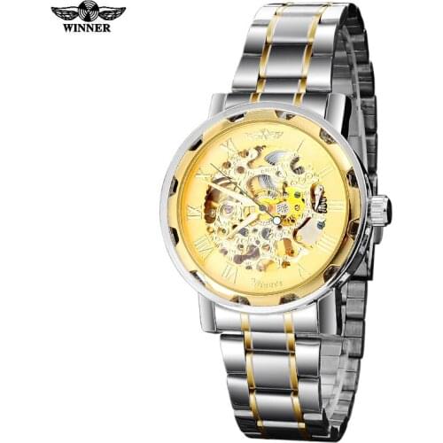 WINNER mens automatic wind mechanical skeleton watches men business sports fashion casual wristwatches gold silver steel band
