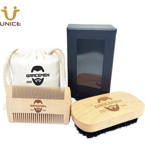 MOQ 100 Sets OEM Custom LOGO Beech Wood Beard Care Kit with Bag & Box Mustache Beards Hair Brush and Dual Sided Comb