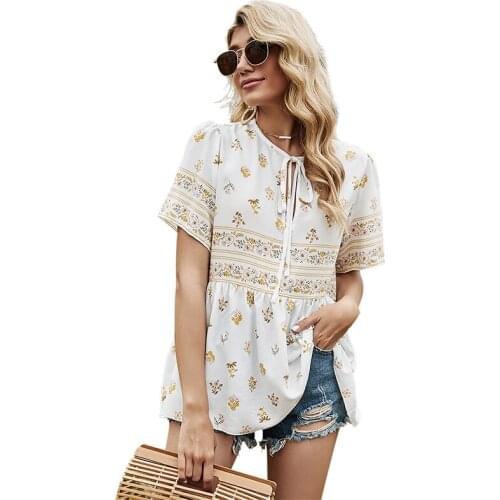 Summer New Women Print Short Sleeve T Shirt Vintage Folds O-neck Bandage Ladies Tee Shirt Loose Plus Size Tops Female
