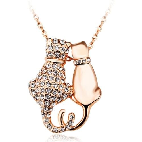 Double cat pendant necklace white gold colar