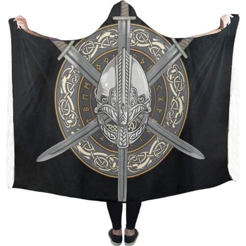Portable Wearable Fluffy Custom Hooded Blanket Viking Helmet Sword And Shield Pilling Polar Fleece Hooded Throw WrapBed Blanket