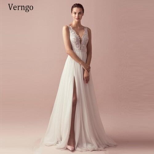 Verngo Boho Wedding Dress Lace A line Beach Wedding Gowns V-neck Elegant Bride Dress Side Slit Robe De Mariee