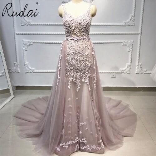 Spaghetti Strap Appliques 3D Flowers Mermaid Evening Dresses for Women Long Dress Formal Gowns 2020 with Detachable Train