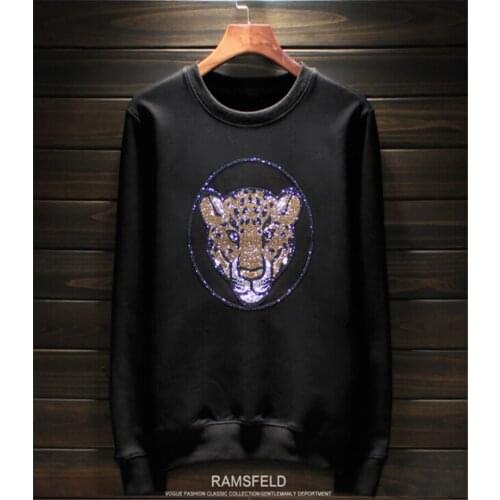 High quality hot drill top leopard head round neck Plush sweatershirt hoodies