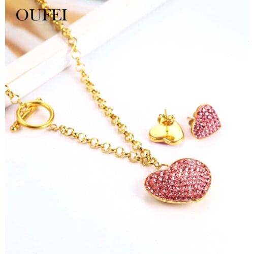 OUFEI Stainless Steel jewelry sets Pink Heart Necklace Earrings Set woman vogue 2019 jewellery Accessories Mass Effect