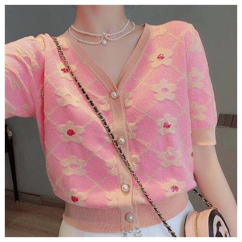 The new spring/summer 2021 womens temperament v-neck shirt single-breasted sequins embroidery sweater cardigan pink flowers