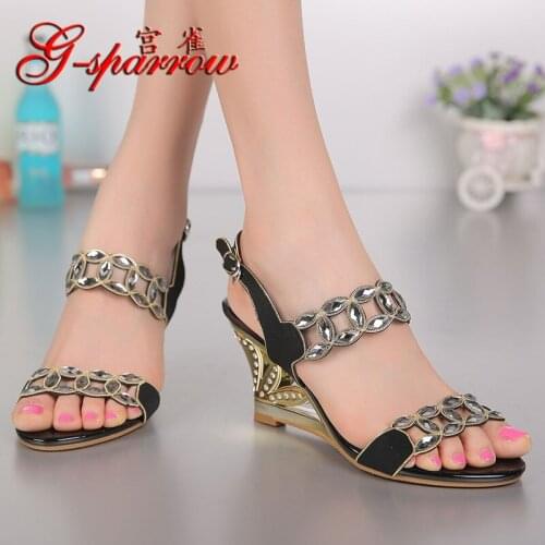 G-SPARROW 2018 New Summer Ladies Fashion Sandals Wedge Heel Rhinestone Crystal Diamond Womens Black High Heeled Peep Toe Shoes