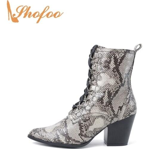 Snake Print Ankle Boots Woman High Chunky Heels Pointed Toe Booties Lace-Up Zip Laege Size 13 15 Ladies Mature Sexy Shoes Shofoo