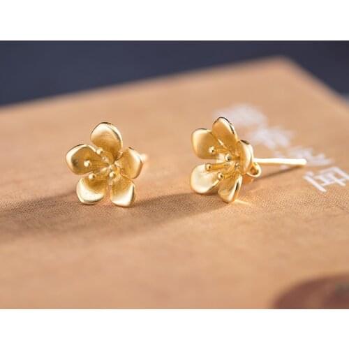 VLA 925 Silver Temperament Sweet Romantic Flower Earrings Womens Retro Simple Peach Blossom Earrings Jewelry