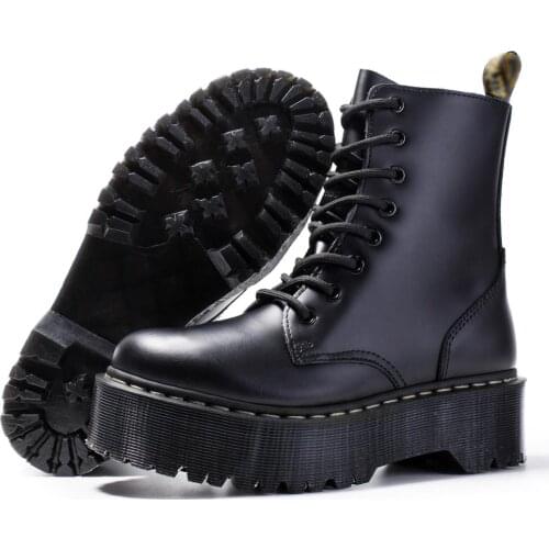 Women Winter Boots Genuine Leather Boots Martenss Boots Women Ankle Boots Motorcycle Shoes Thick Heel Platform Ankle Black Shoes