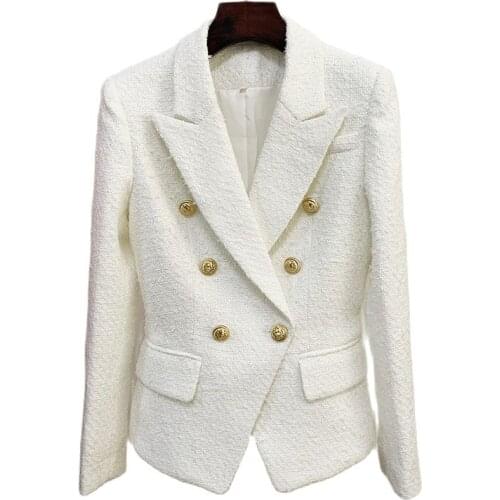 2021 Autumn New Western Style Heavy Double Breasted Rough Tweed Woolen White Blazer for Woman