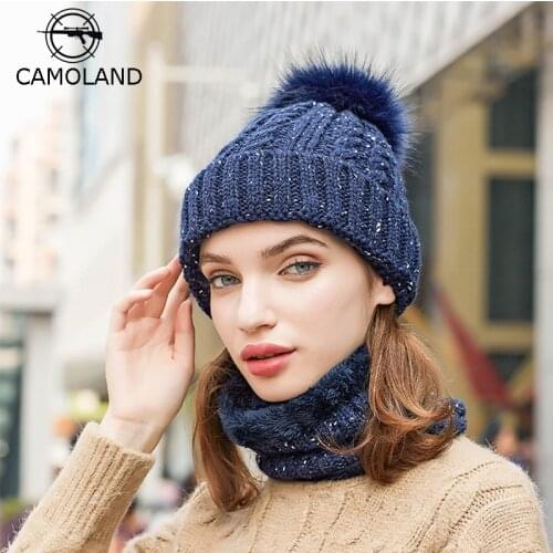 CAMOLAND Winter Warm Knitted Beanies Hat Women Thermal Fleece Scarf Beanies Set Female Fur Pompom Hat Casual Hedging Caps