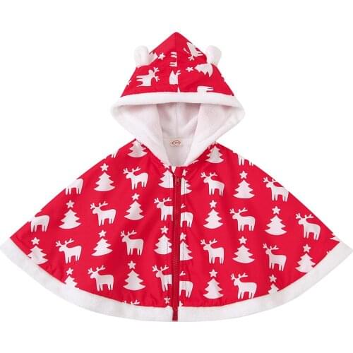 2020 1-6Y Toddler Baby Girl Xmas Cloak Cartoon Deer Christmas Trees Print Red Long Sleeve Zipper Hooded Plus Velvet Coats