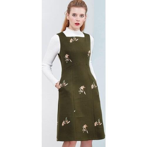 Abrini Embroidered 2021 All Match Floral Vintage Green Winter Wool dress Sleeveless Casual Ladies Tank Dresses A-Line Vestidos
