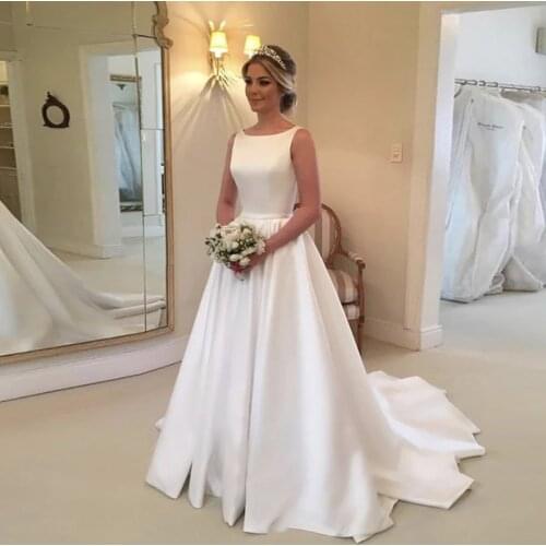 White Stain Jewel Wedding Dresses A-Line Sleeveless Backless Custom Made Court Train Bridal Dresses Wedding Gown
