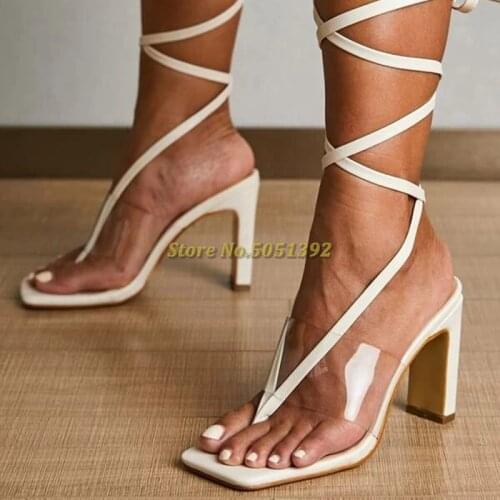 Lace Up Square Toe Summer Sandals Clear PVC Square High Heel Ankle Strap Dress Women Shoes Solid Nude Black New Arrivals Sandals