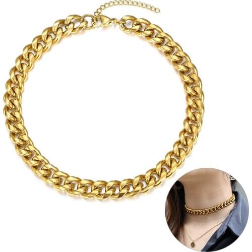 10mm 11mm Big Chunky Curb Wheat Chain Choker Statement Necklace Gold Stainless Steel Collar for Women Girl Fashion Jewelry DN177
