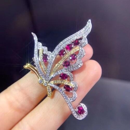 Grace cute butterfly fly natural red garnet gem brooch Pendant natural gemstone pendant Two uses S925 silver lady party jewelry