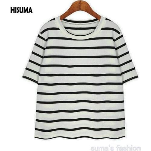 HISUMA 2017 Spring Summer New Womens Short-sleeve O-neck Striped color Hip-hop T-shirts Tees Women T shirt Female shirts