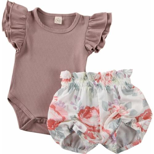 New Summer Cute Toddler Baby Girl Clothes Ruffles Sleeve Romper+Floral Shorts Outfits