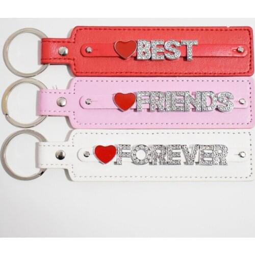 Pink White Red Heart Leather Key Chains Creative Crystal LOVE Best Friends Forever BFF Personailzed Women Car Key Ring 3pcs/lot