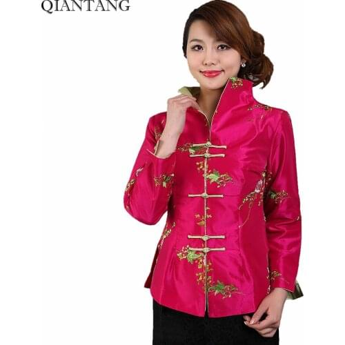 Hot Pink Female Satin Embroidery Jacket Coat Classic China Style Tang Clothing Flower Size M L XL XXL XXXL Mujer Chaqueta Mny12C