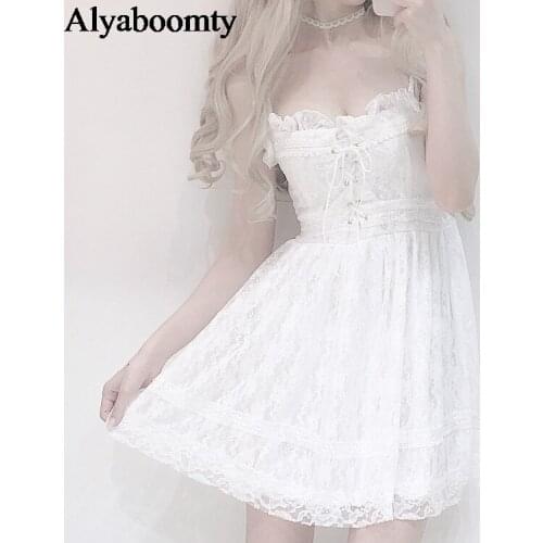 Japanese Lolita Style Summer Women White Mini Dress Suspenders Sexy Bandage Hollow Out Party Dress Cute Kawaii Lace Short Dress