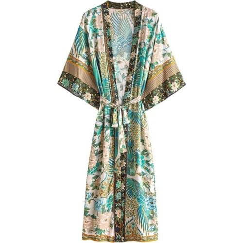 Summer Vintage Rayon Peacock Print Chic Women Bohemian Robe Kimono Ladies V Neck Sxey Sashes Boho Dress For Women