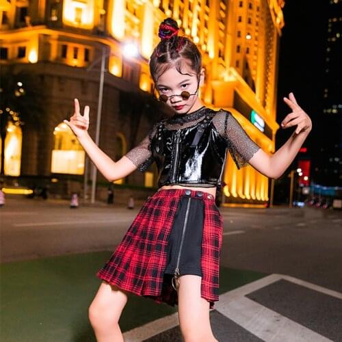Fashion Girls Street Dance Performance Stage Costume Summer Jazz Dancing Clothing Suit Mesh Tops Vest Plaid Skirt Outfit YS1836