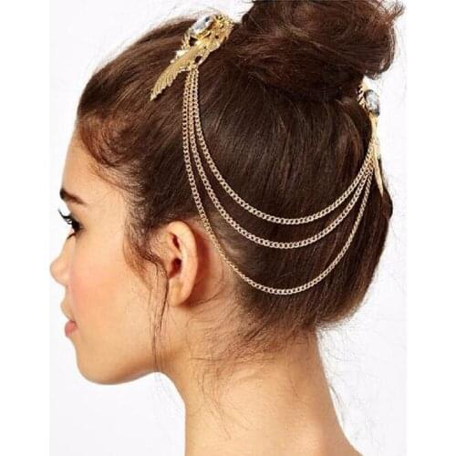Fashion Metal Multi Chain Leaf Rhinestone Hair Clip Women Headband Hair Retro Elegant Jewelry Accessories