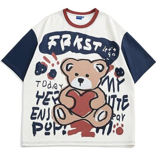 Cartoon trend of the summer new bear print splicing short sleeve T-shirt mens casual shoulder half sleeve jacket