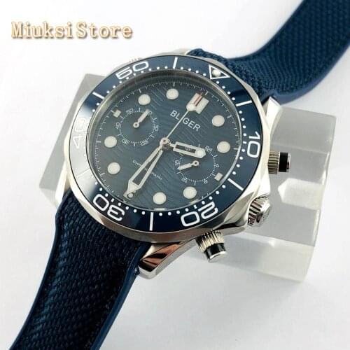Bliger 2020 new 41mm mens top sports quartz watch sapphire glass ceramic bezel blue dial luminous date rubber strap chronograph