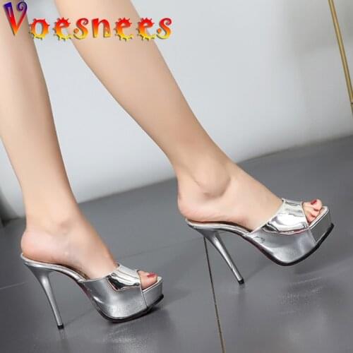Voesnees 2021 New Pu Outside Slides Women Sandals Summer Shoes Thin Heels Thick Bottom High-heel Sandals Ladies Slippers Golden
