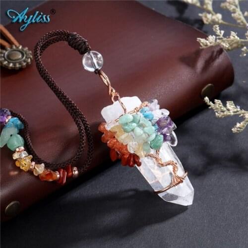 Ayliss Handmade Wire Wrapped Tree of Life Pendant Natural Clear Quartz Stone Pendant Necklace with Adjustable Rope Necklace New