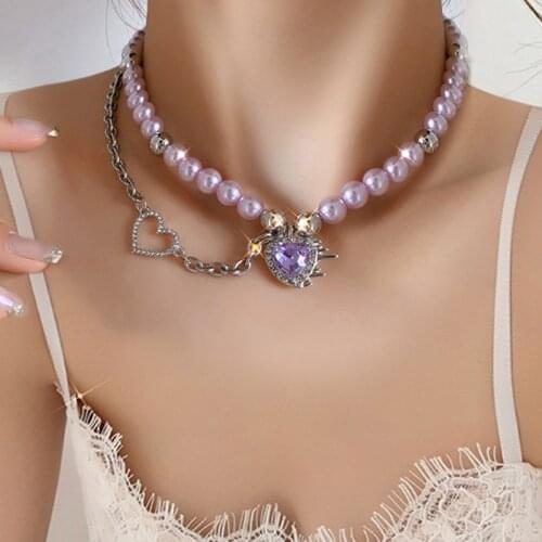 Purple Crystal Heart Pearl Beaded Necklace for Women Korean Fashion Trendy Chains Choker Collares Kpop Jewelry Streetwear MS383