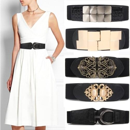 New design waist belts woman Fashion Lady solid Stretch wide cummerbunds alloy buckle Dress Adornment For women black Waistband