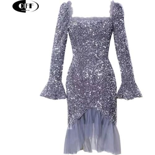 Sexy Party Night Club Woman Dress Flared Long Sleeve Elegant Ruffles Sequins High Waist Bodycon Ladies Dresses Vestidos ZA