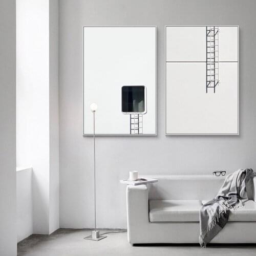 Modern White Black Building Painting Canvas Poster Prints Window Ladder Finding Sunshine Wall Art Pictures for Living Room Decor