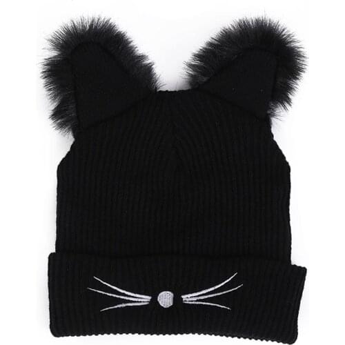 Funny Cat Ear Design Hat Winter Knit Cap Warm Winter Autumn Cap for Women Cap Solid Color Knitted Hat Cap