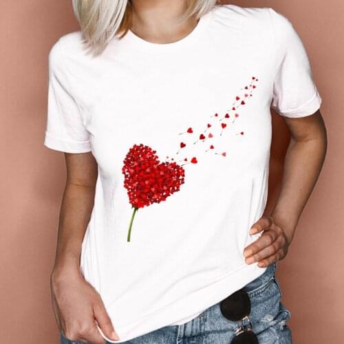 Red Flowers Heart Graphics Printed Female Tshirt Summer New Fashion Short Sleeve Women T-shirt Ladies Casual White Tops Tee