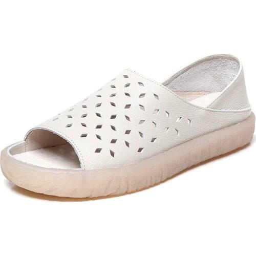 Women sandals Flat Summer Sewing thread Hollow Peep Toe Genuine Leather Driving Casual Slip On Solid Platform Sandals