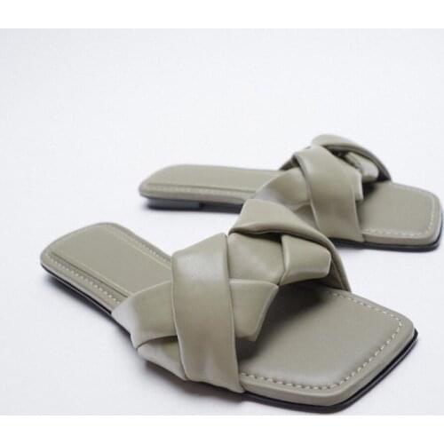 ZAR Slippers Women Summer Luxury 2021 New Green Square Toe Weave Flat Sandals Brand Woman Beach Shoes Plus Size Chaussure Femme