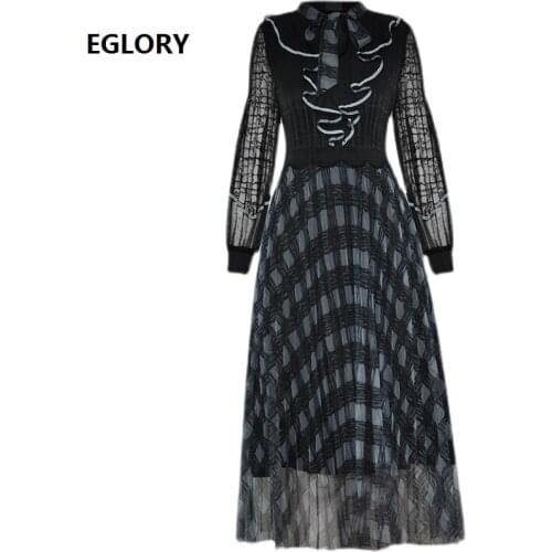 2021 Spring Fashion Style Dress High Quality Ladies Ruffle Deco Vintage Print Lantern Sleeve Mid-Calf Slim Fit & Flare Dress