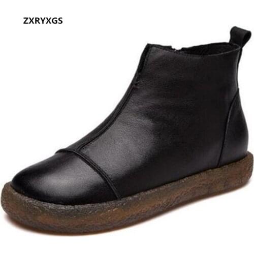 2019 New Fashion Autumn Winter Boots First Layer of Cowhide Leather Boots Women Shoes Flat Comfort Warm Snow Shoes Women Boots