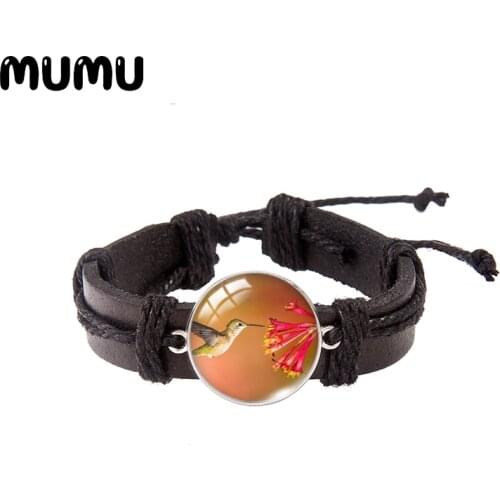 2021 New Hummingbird Flower Leather Bracelet Round Glass Dome Bracelets Handmade Jewelry Gifts Men Women
