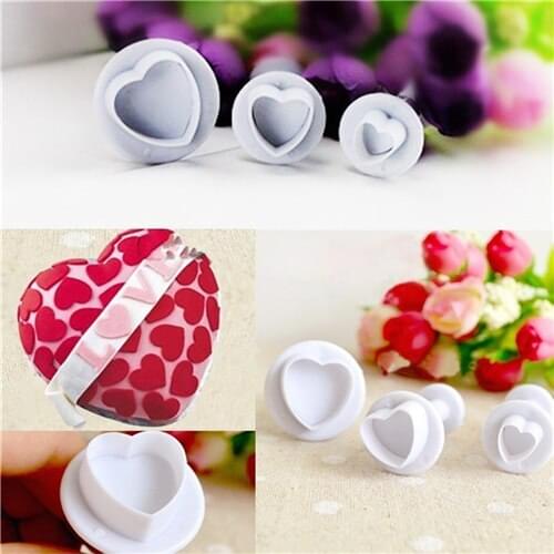 3pcs Heart Cake Fondant Cookie Cutter Decorating Craft Paste Plunger Mold Cake Decorating Mold