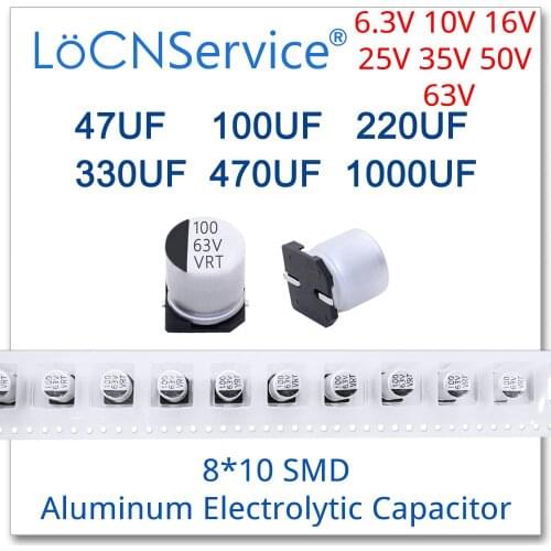 LoCNService 500PCS 8*10 47UF 100UF 220UF 330UF 470UF 1000UF 6.3V 10V 16V 25V 35V 50V 63V 8x10 Aluminum Electrolytic Capacitors