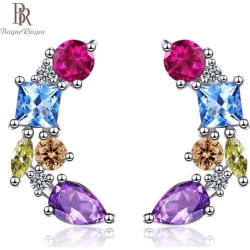 Bague Ringen Colorful Zircon Stud Earrings for Women Silver 925 Jewelry Geometry Gemstone Female Ear-studs Charms Gift Party