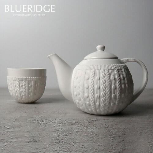 Woolen Yarn Relief Tea Set Porcelain Scented Filter Tea Pot Cup Floral Teapot Set Ceramic Pot Coffee Cup White Teacup Teaset